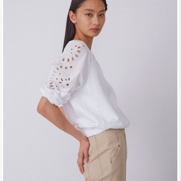 Thakoon Cotton Crew Eyelet Embroidered Balloon Sleeve Sweatshirt White Small - Picture 2 of 11
